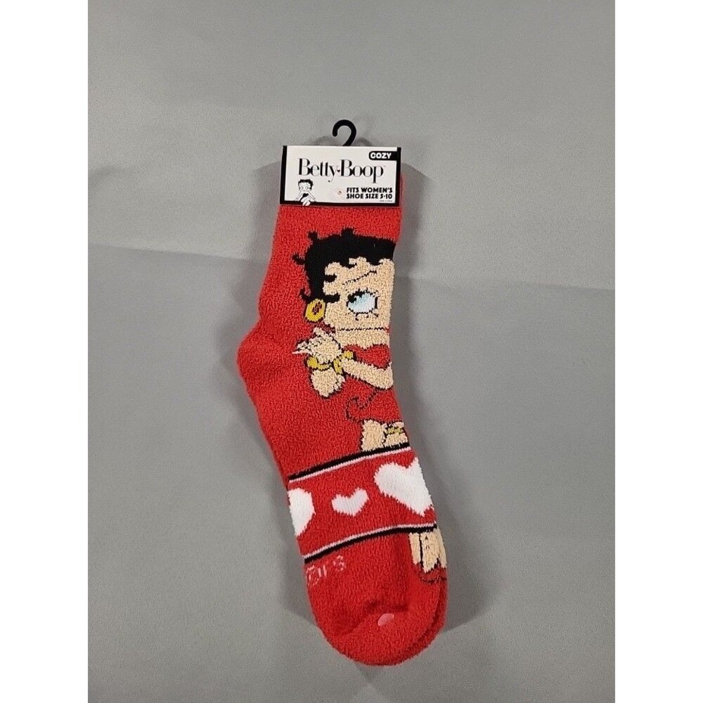 New Betty Boop Women's Cozy Fuzzy Socks Red White Hearts Shoe Size 5-10 Plush